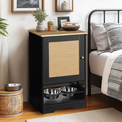Pet Feeding Station with Storage Cabinets and Elevated Bowls - Black