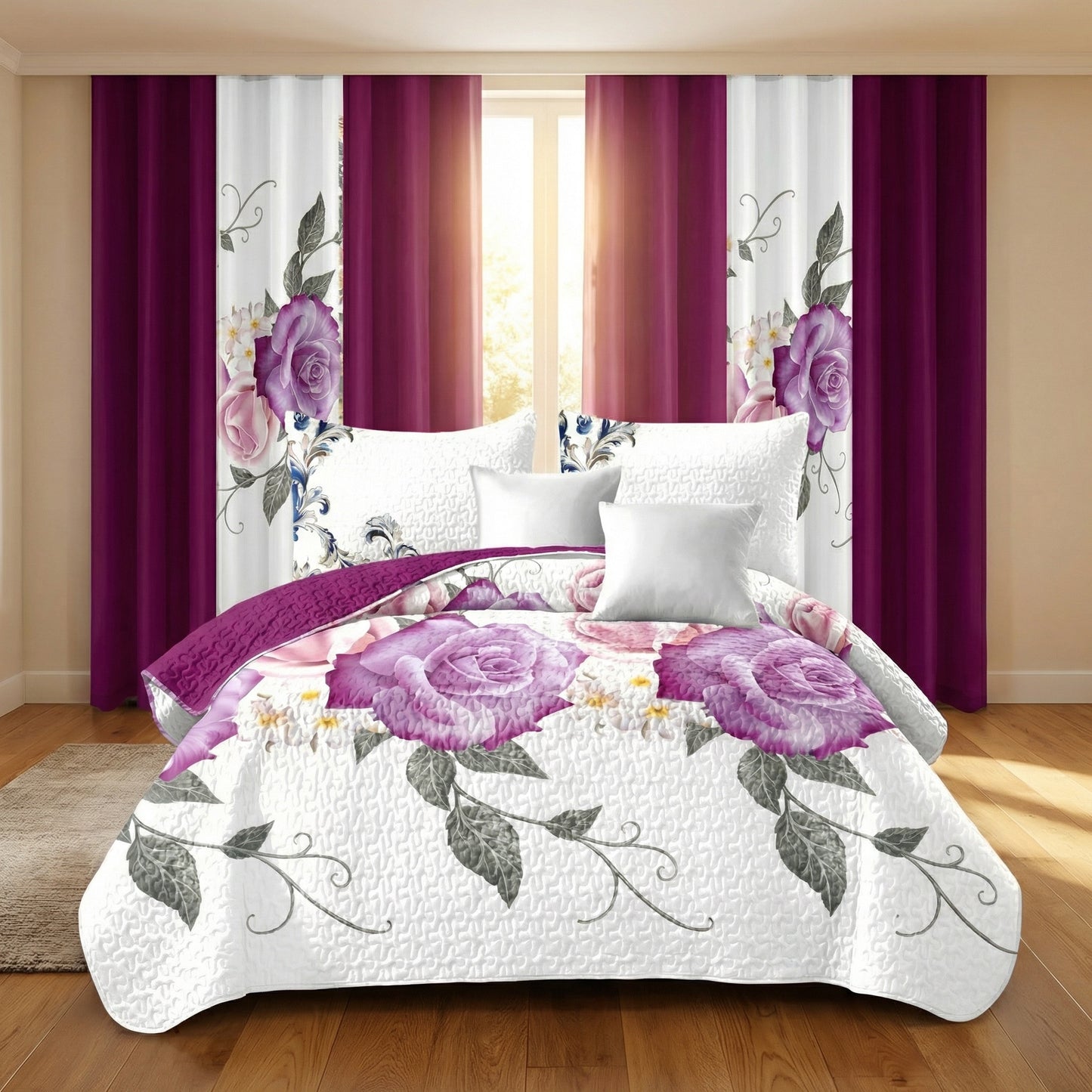 9-Piece Room In A Bag Quilt & Curtain Set - Deep Magenta Floral