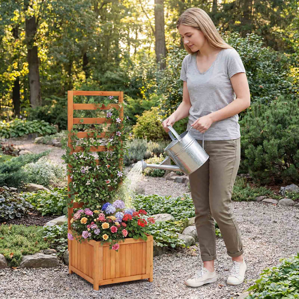 48 Inch Wood Raised Garden Bed with Trellis and Drainage Holes - Orange