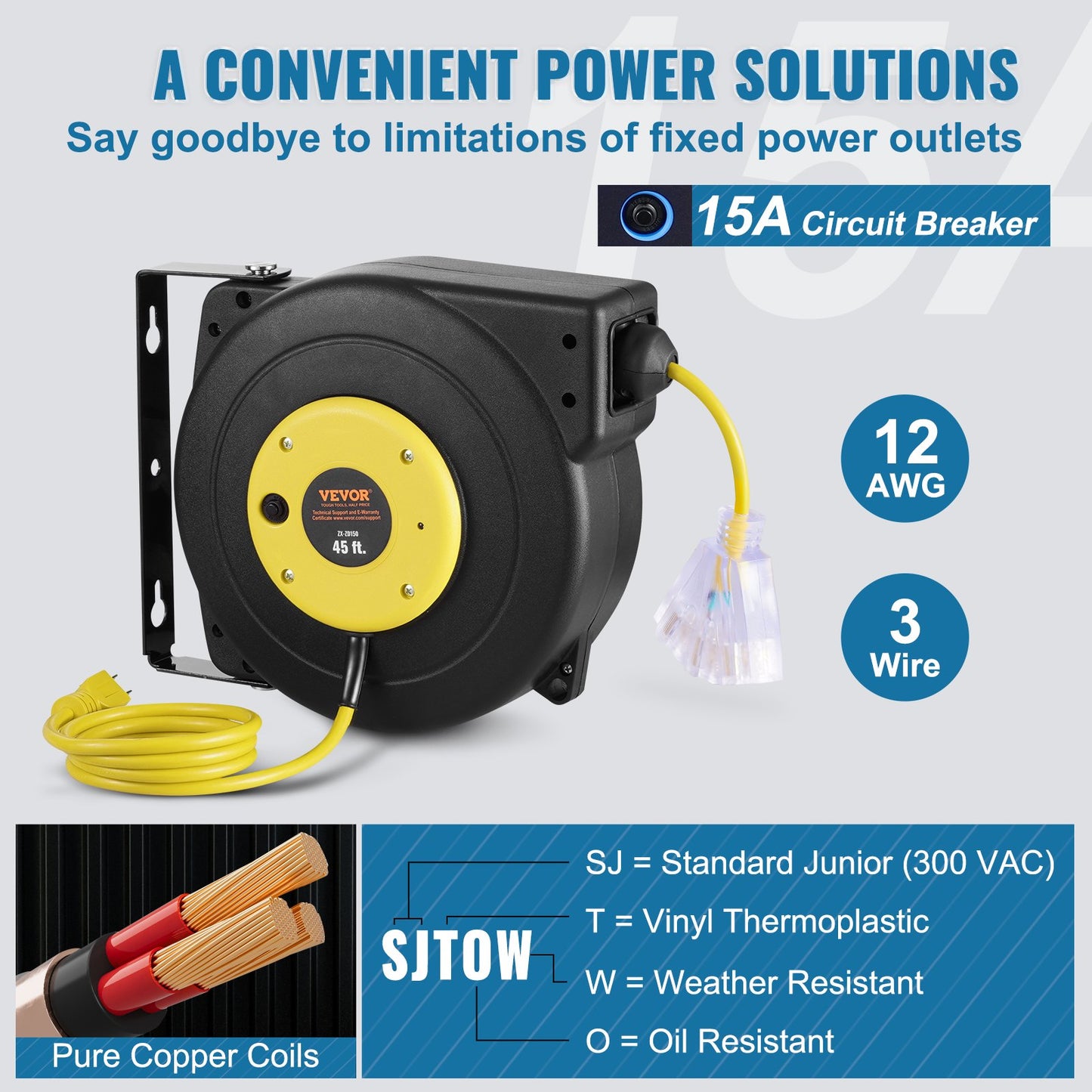 45FT Heavy Duty Retractable Extension Cord Reel with Lighted 3-Outlet Socket - Water & Oil Resistant