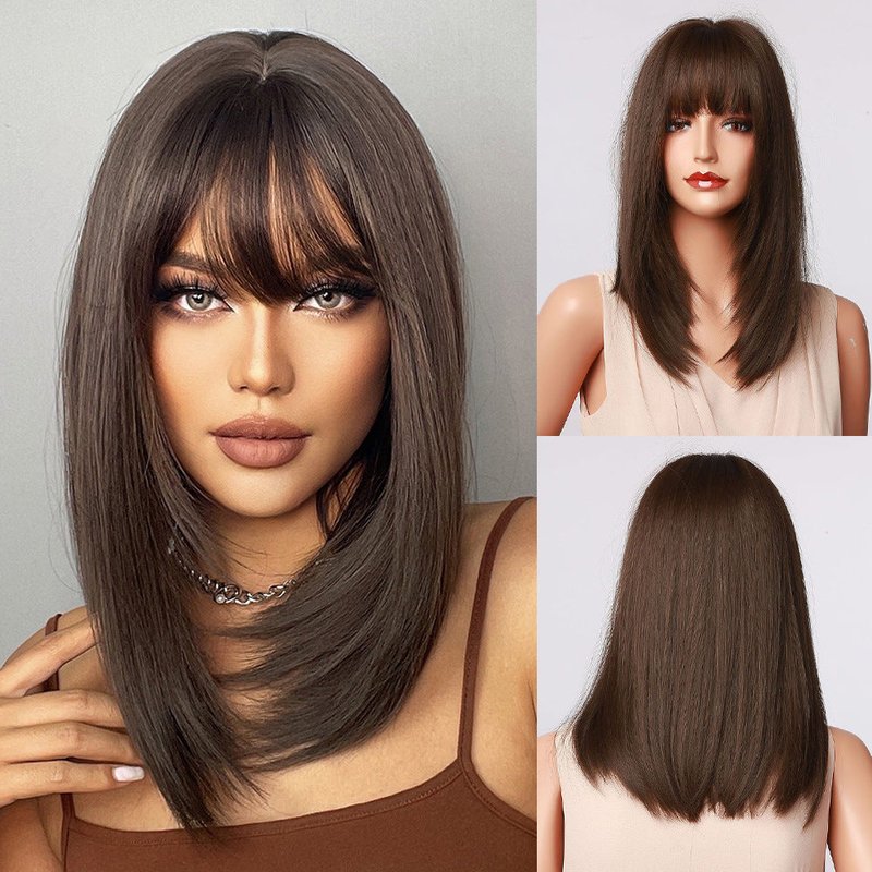 High Temperature Silk Bangs Wig for Face Shape Modification - Black and Brown Shoulder-Length Hair