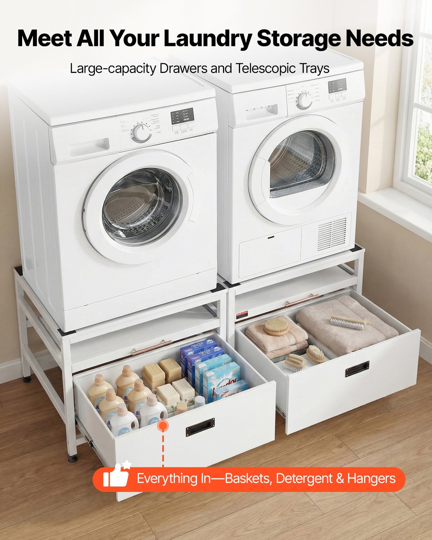 Laundry Pedestal Stand with Pull-Out Tray, 29x29 Inches, 22.6 Inch Height, Supports 800 Lbs, Non-Slip Feet, White, 2 Pack