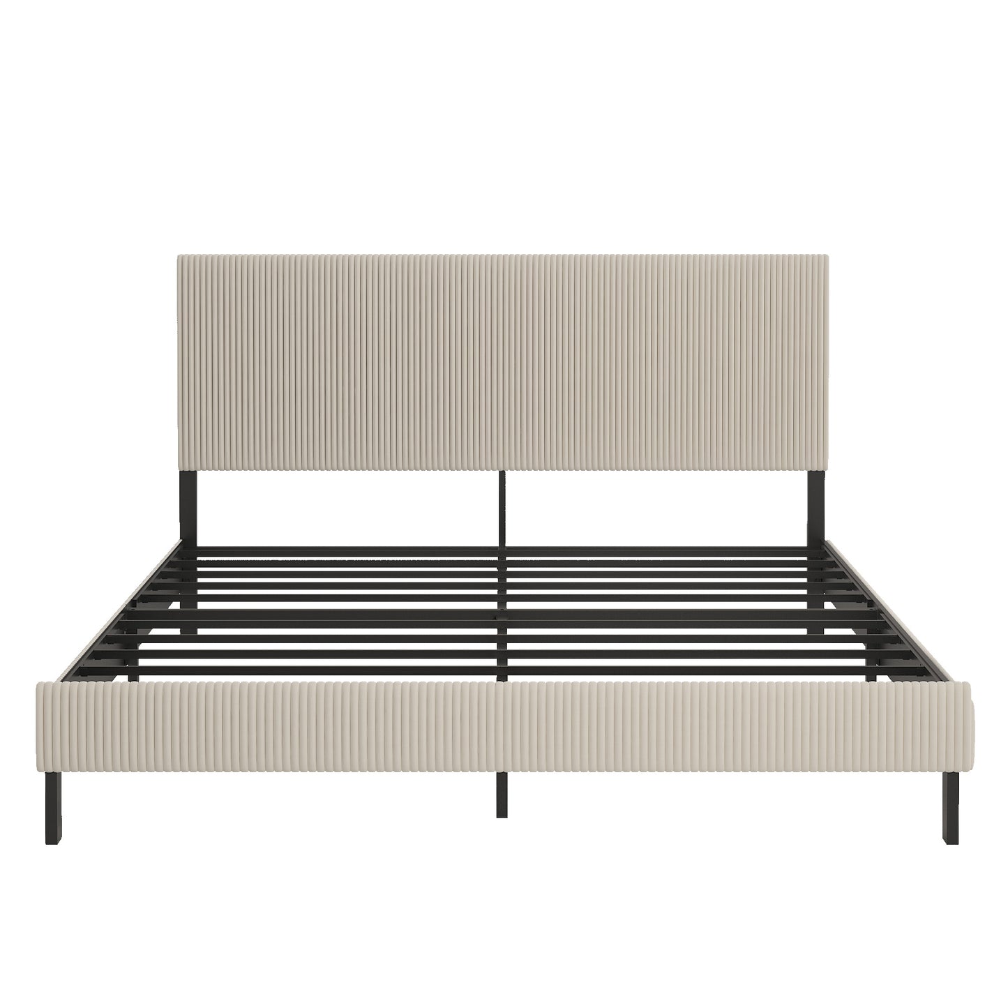 King Platform Bed Frame with Upholstered Headboard - Beige