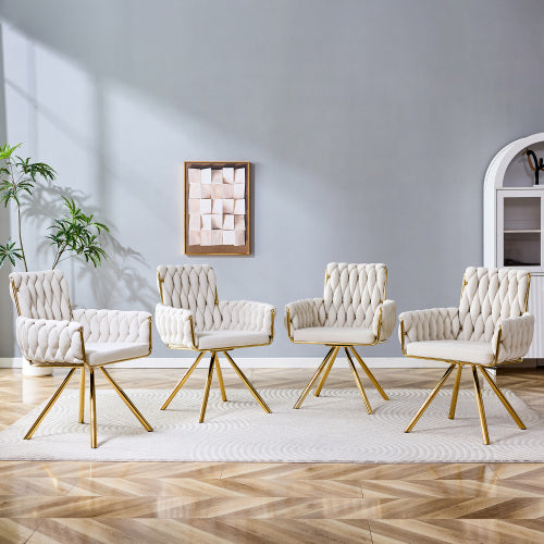 Set of 2 Velvet Braided Accent Dining Chairs with Gold Legs - Beige