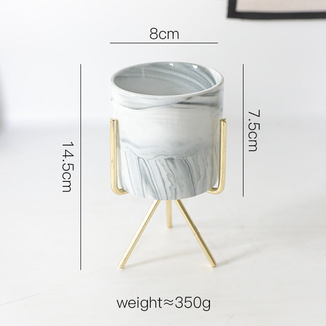 Gold-Plated Iron Frame Succulent Flower Pot with Marbling Ceramic Planter - Multiple Sizes