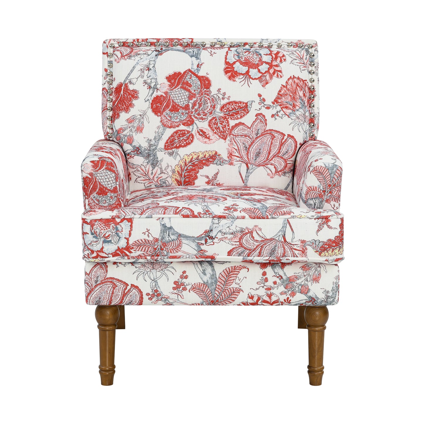 Floral Accent Chair with Nailhead Trim - Red Upholstered Slipper Chair