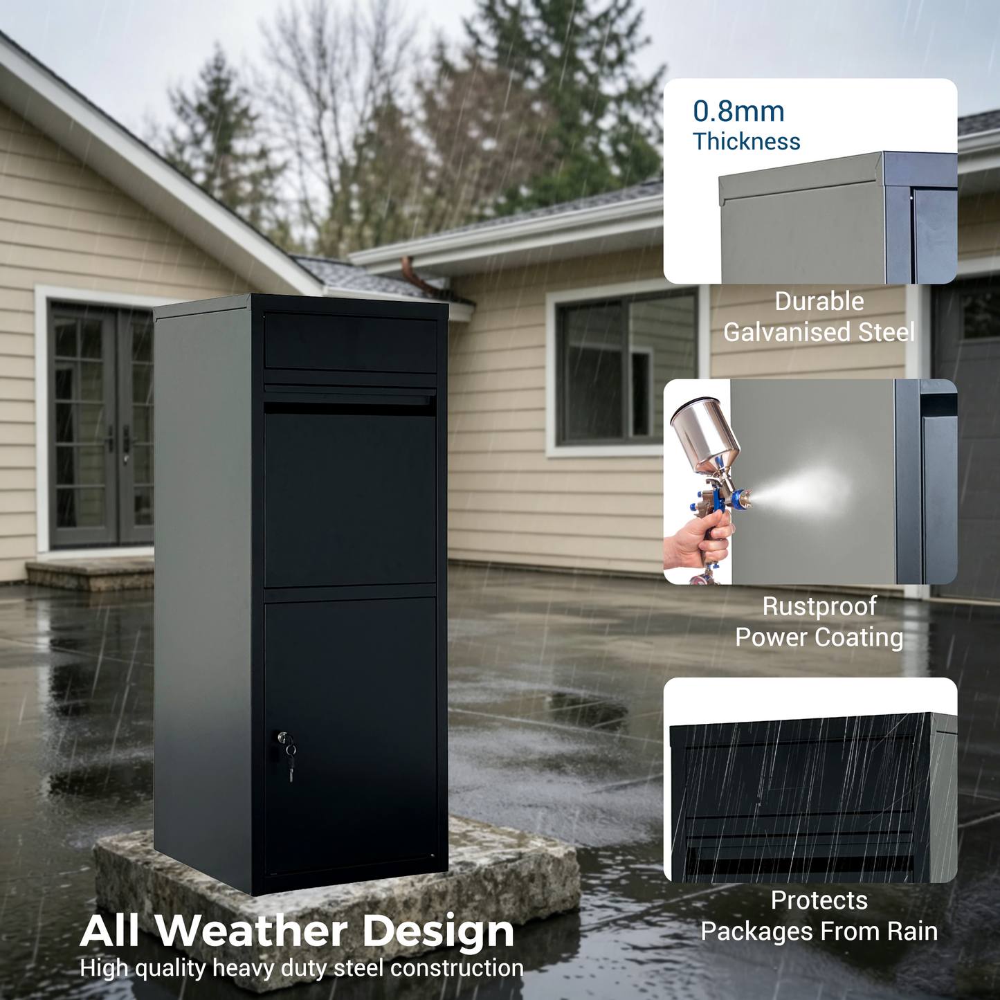 Large Steel Package Delivery Box with Lockable Mail Compartment - Black
