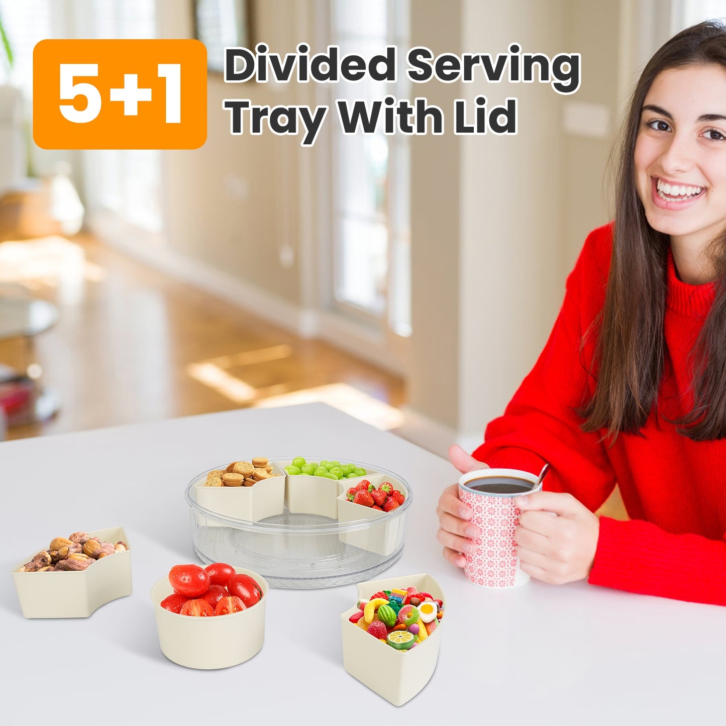 Divided Serving Tray with Lid & Handle - 360° Rotatable Snack Box