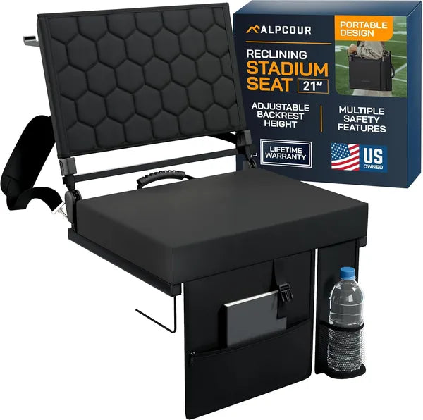 Folding Reclining Stadium Seat with Back Support - Black