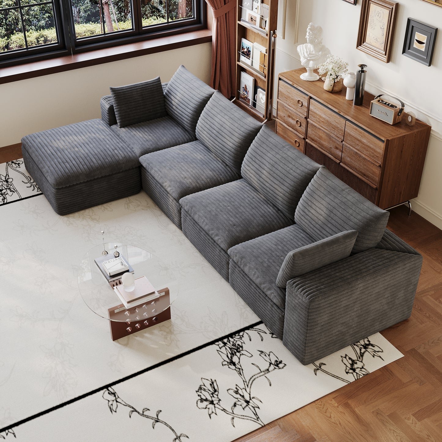 134" Cloud Sofa - Dark Grey Corduroy Fabric, Deep Seat, Removable Cushion