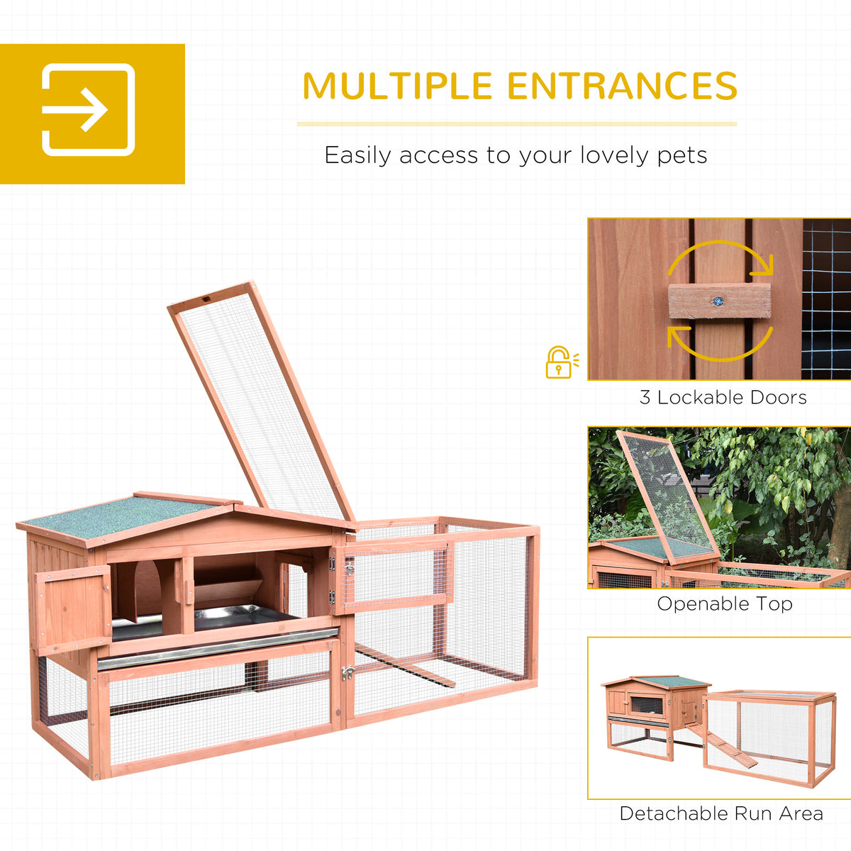Outdoor Wooden Rabbit Cage 62 Inch with Detachable Run and Elevated Main House