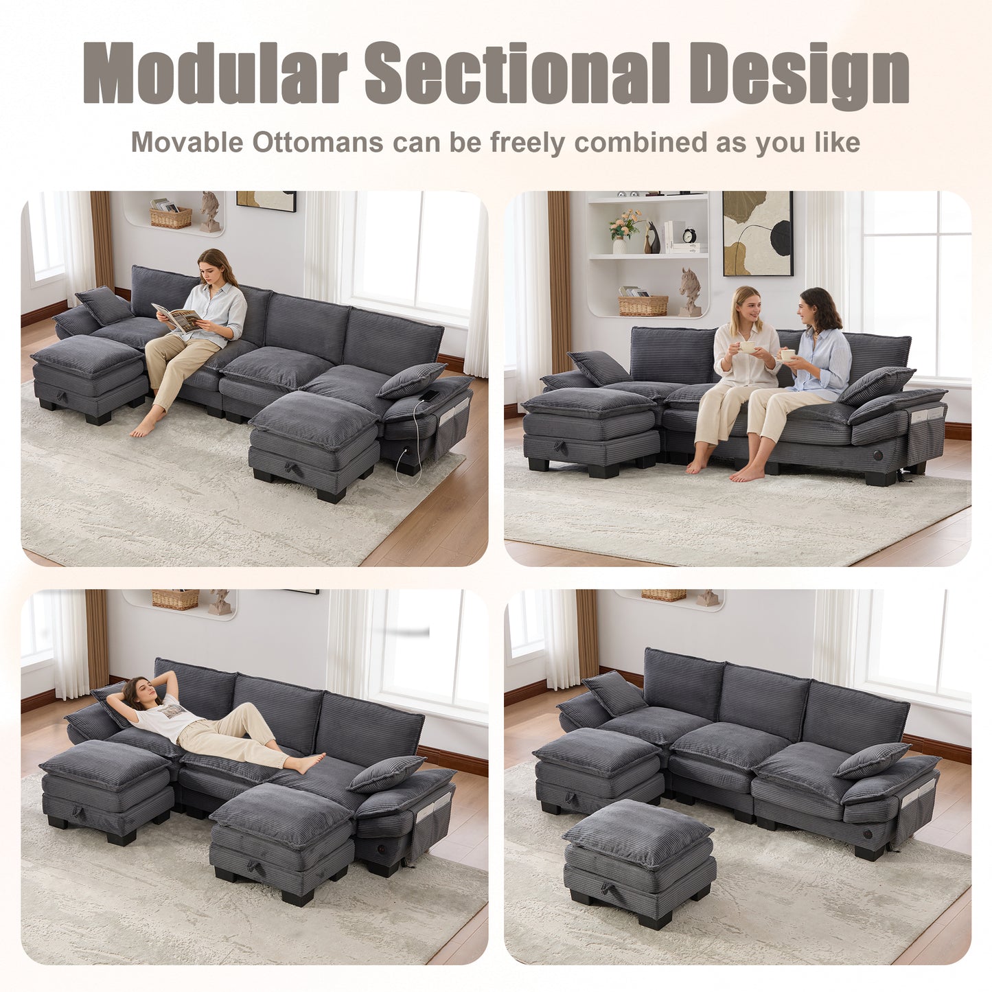 Modular Sectional Cloud Sofa - Dark Gray Corduroy, Comfy Design