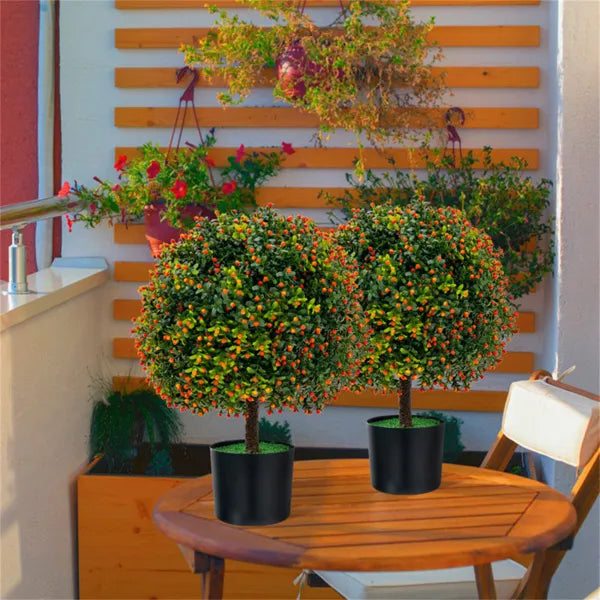 22" Artificial Topiary Ball Tree Set - 2-Pack with Orange Fruits