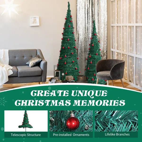 2-Pack Artificial Christmas Trees with Red Ball Ornaments - 6FT & 5FT