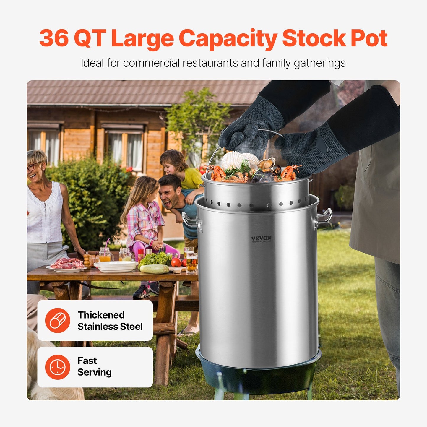 36QT Stainless Steel Stockpot with Strainer Basket & Lid