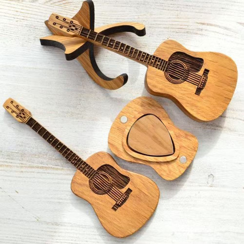 Wooden Guitar Ornament with Stand and Pick Box - Modern Decorative Gift