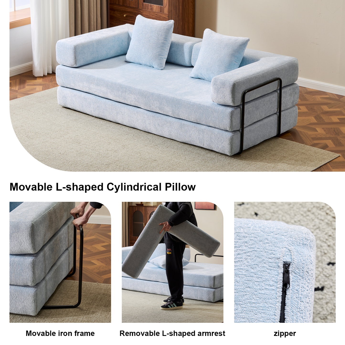 Convertible Floor Sofa Bed with Pillow Back Support - Light Blue