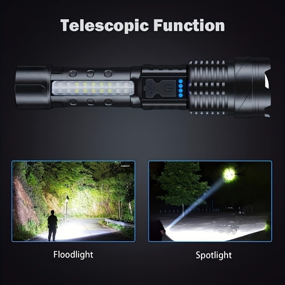 Rechargeable LED Flood Light Torch - Focus Adjustable, Water Resistant Handheld Flashlight for Camping, Hunting, Fishing, Outdoors