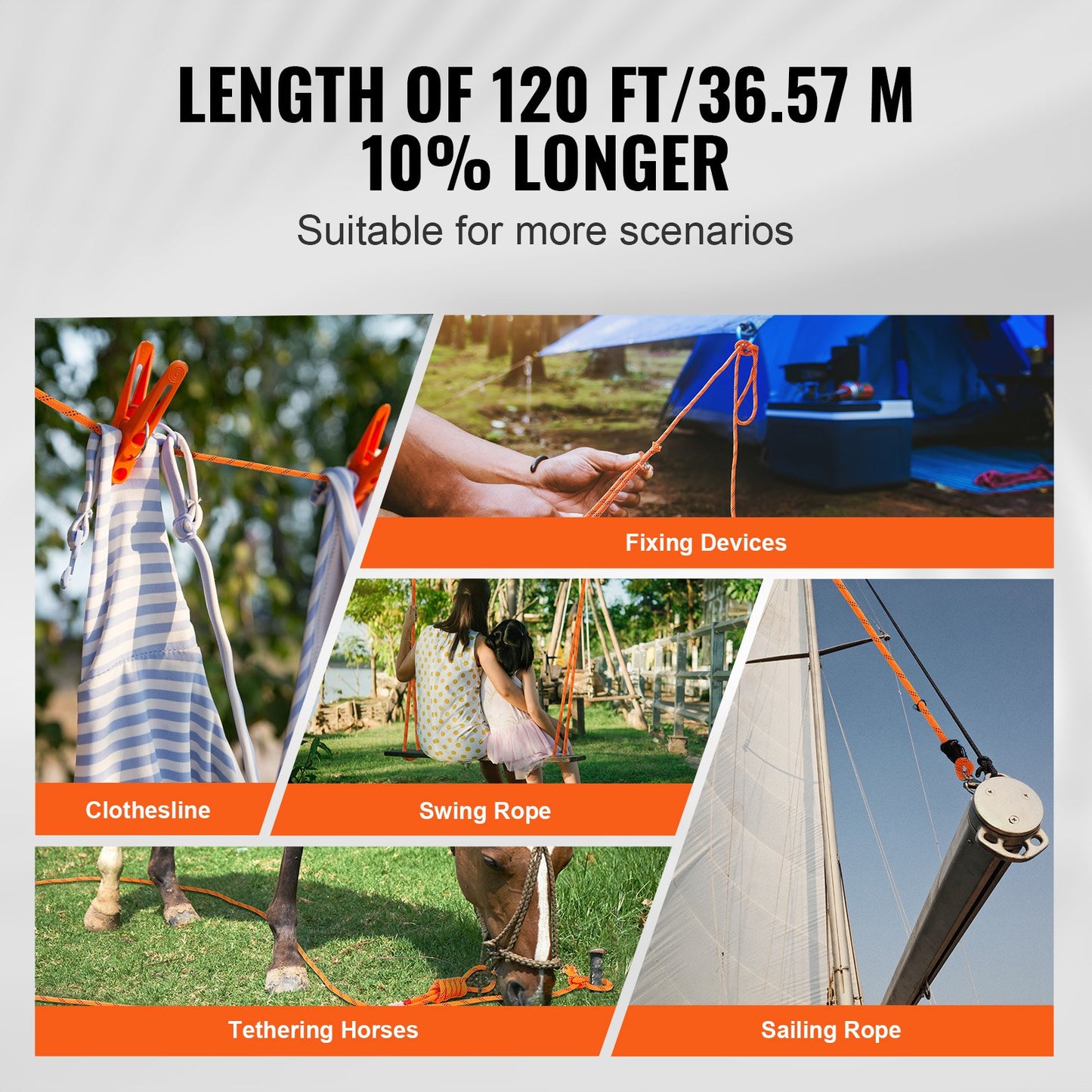 Outdoor Climbing Rope 3/8 Inch x 120 Ft Double Braided Polyester - High Strength, Orange/Black