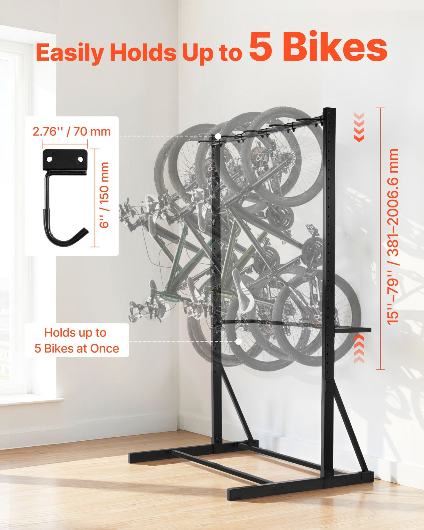 Freestanding Bicycle Rack for Up to 5 Bikes - Storage Organizer Stand, Black
