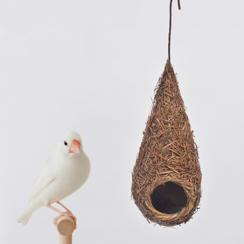 Small Bird Nest for Cage, Handwoven Straw Birdhouse with Metal Hook - Outdoor Bird Supplies