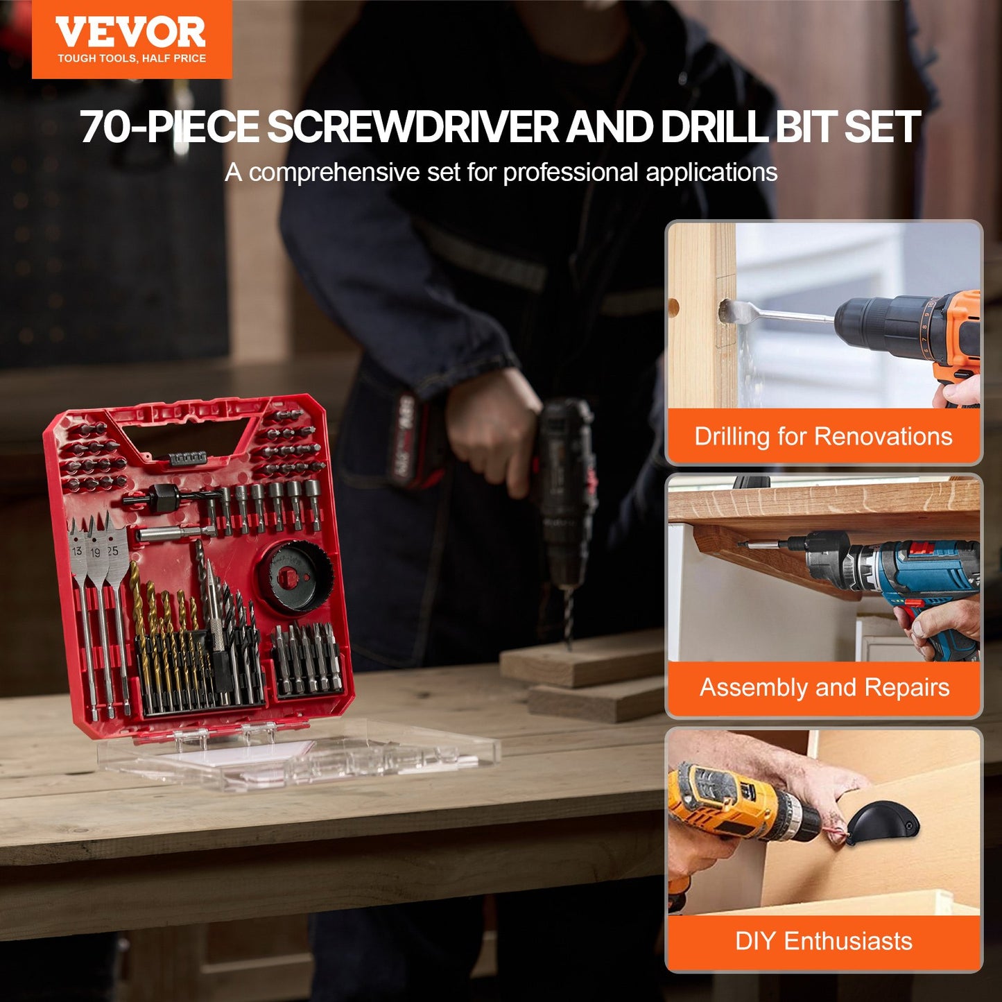 70-Piece Drill and Screwdriver Bit Set with Carrying Case - Multi-Purpose Power Tools