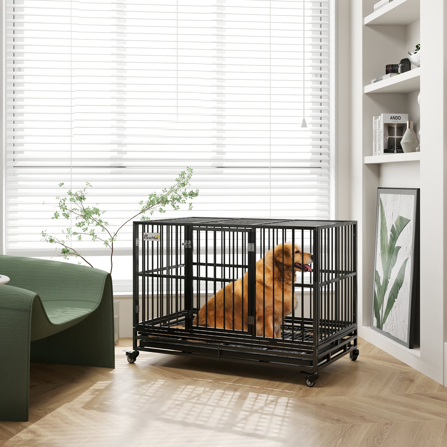 Heavy Duty Metal Dog Crate 48 Inch with Lockable Wheels & Double Doors