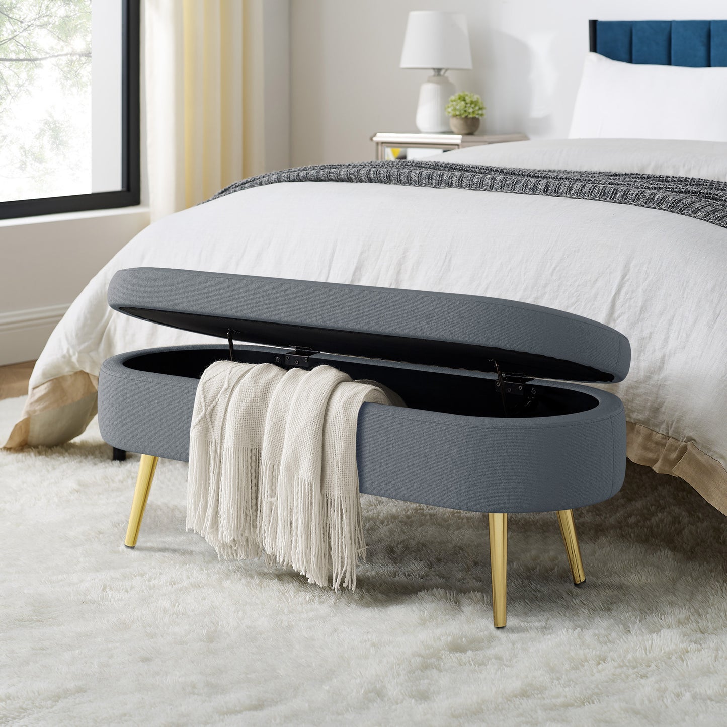 Oval Flannel Storage Ottoman with Metal Legs - Dark Gray