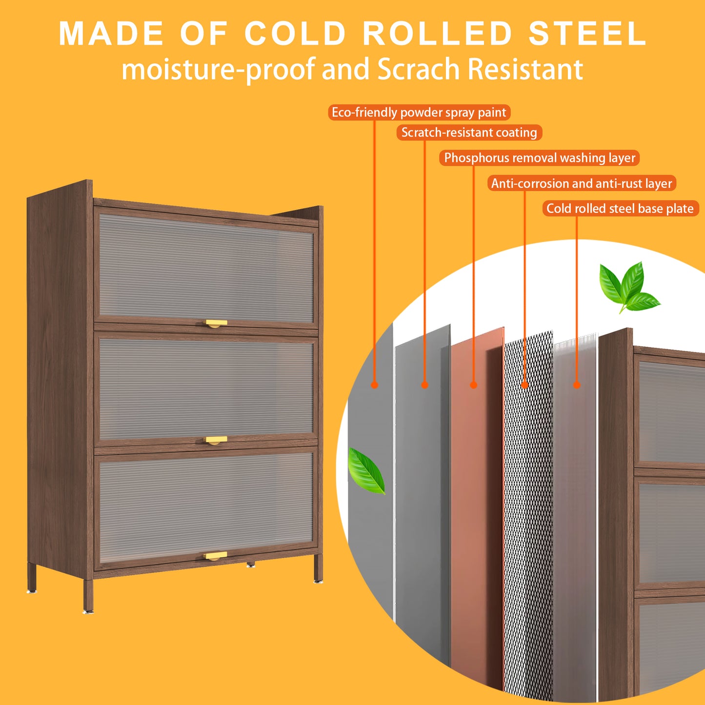 44'' Tall Metal Cabinet with 3 Flip Doors - Walnut Storage