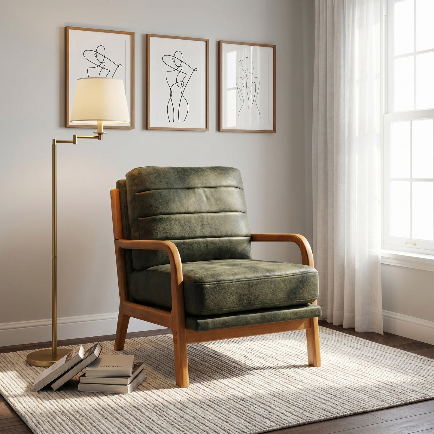 Mid-Century Modern Olive Green Fabric Armchair