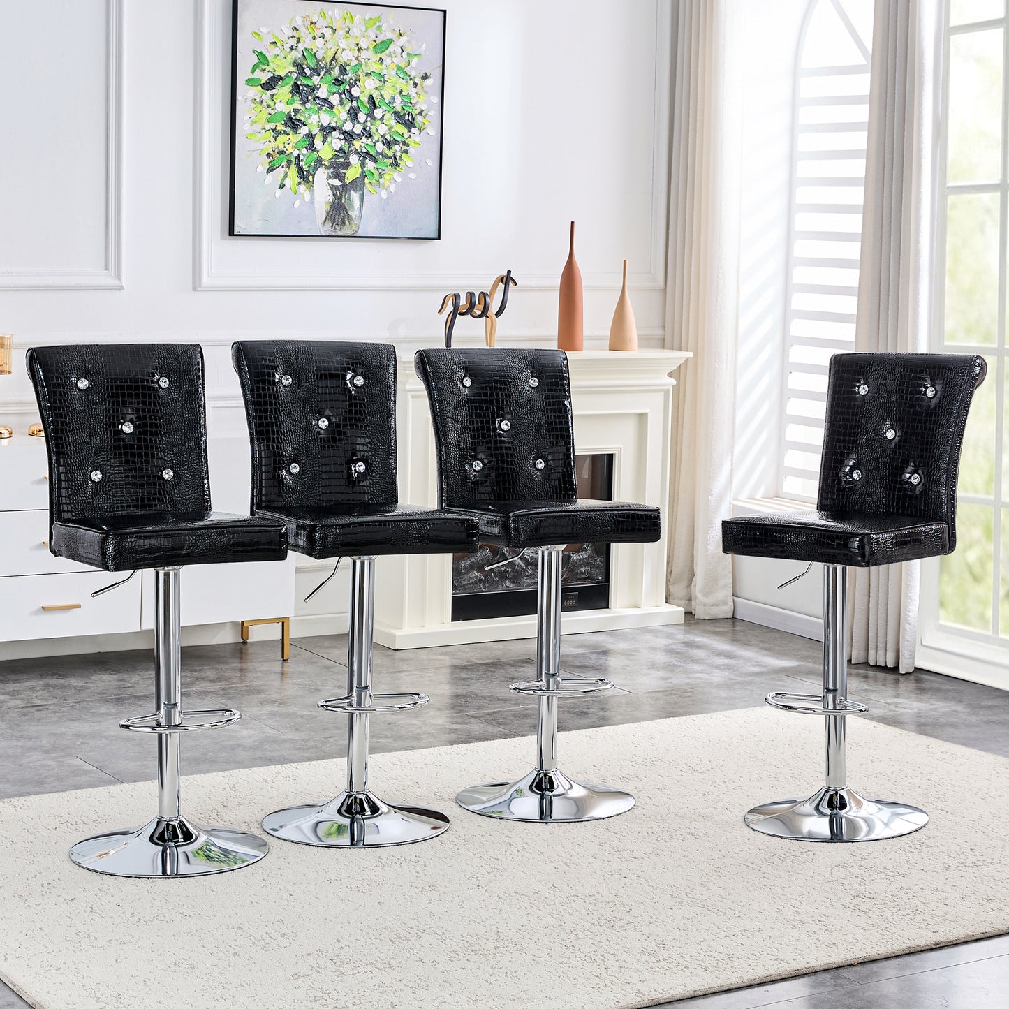 A Set Of 2 Black Vintage Crocodile Leather Lift Bar Chairs, Featuring