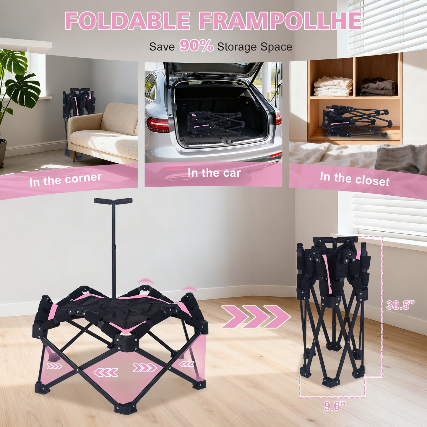 Foldable Mini Trampoline for Adults - 330lbs Capacity, Adjustable T-Bar, Indoor & Outdoor Workout - Pink