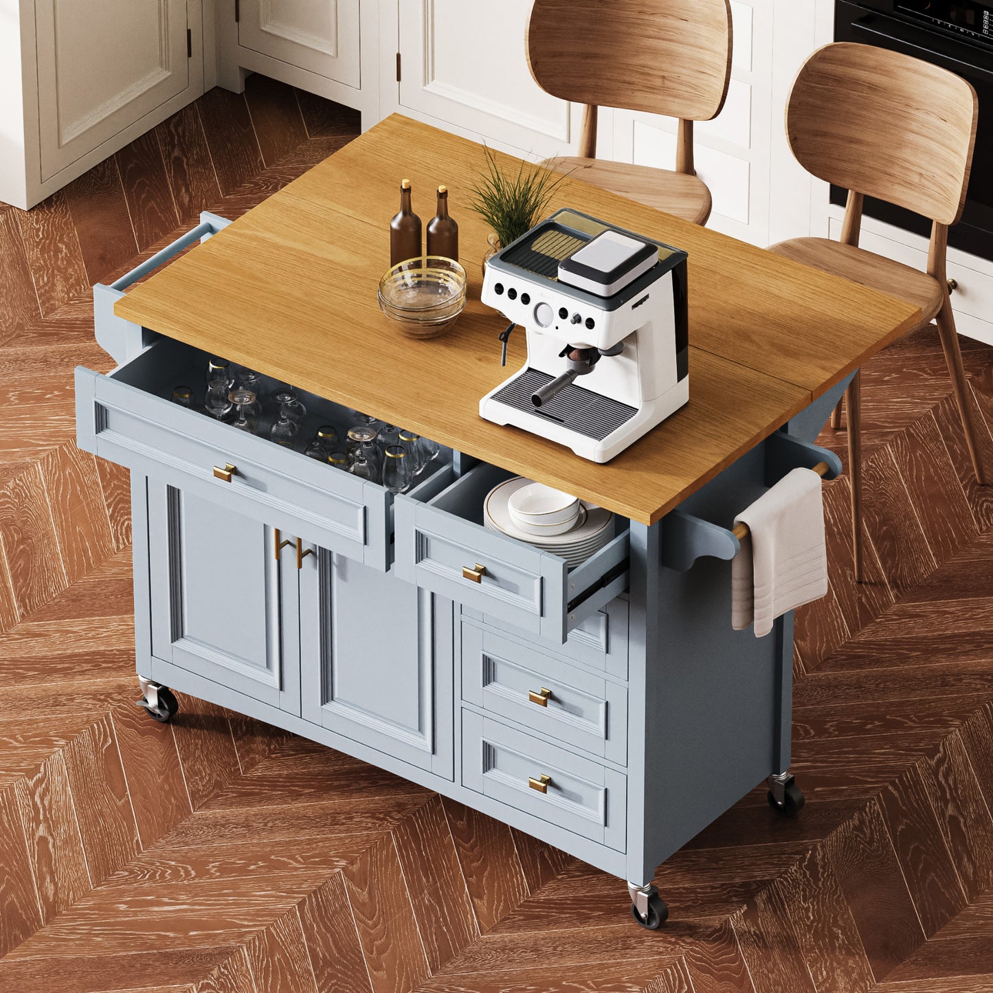 K&K 52 Kitchen Island With Drop Leaf, Embossed Texture On Wheels