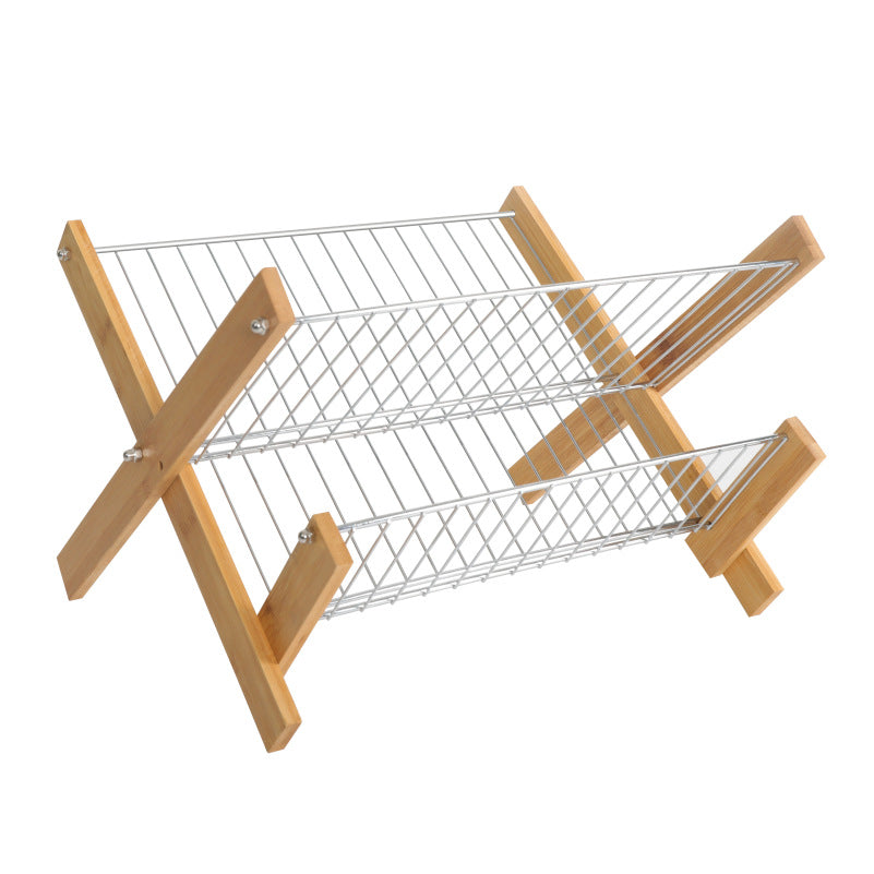 Folding Bamboo Kitchen Dish Draining Storage Rack with Steel Frame