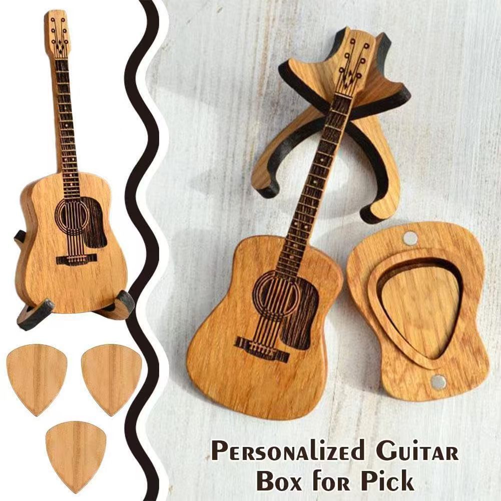 Wooden Guitar Ornament with Stand and Pick Box - Modern Decorative Gift