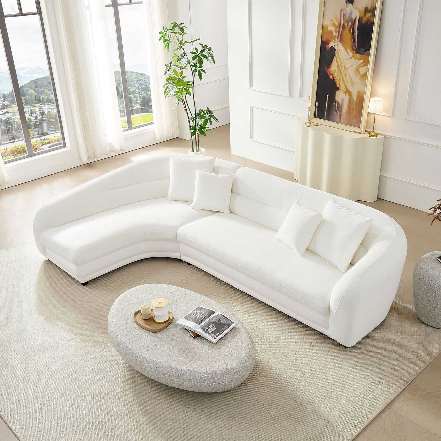 125 Inch Curved L-Shaped Modular Sofa with Comfort Pillows - White