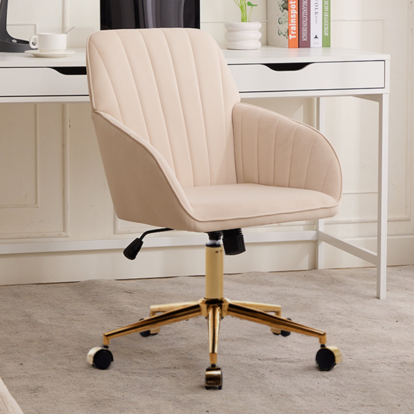 Ergonomic Adjustable Office Chair - Khaki Velvet Swivel Seat