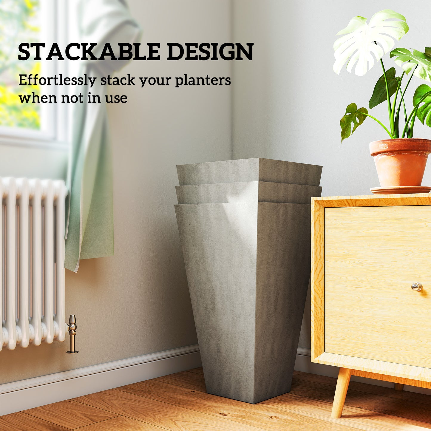 Outdoor Tall Plant Planters Set of 3 - 28 Inch Grey Tapered Pots with Drainage Holes