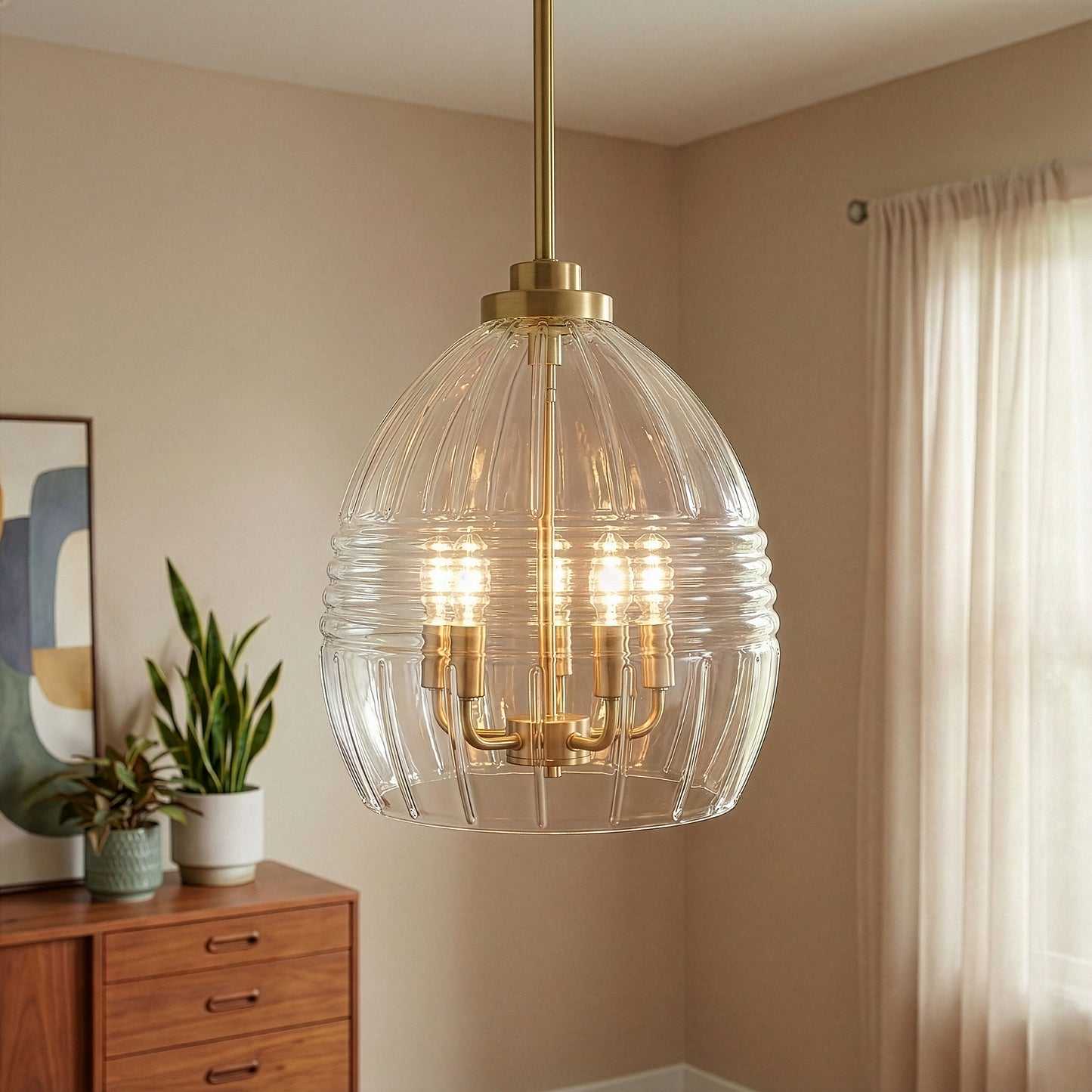 Zen Five Pendant Chain Hanging Light With Clear Glass - Satin Brass