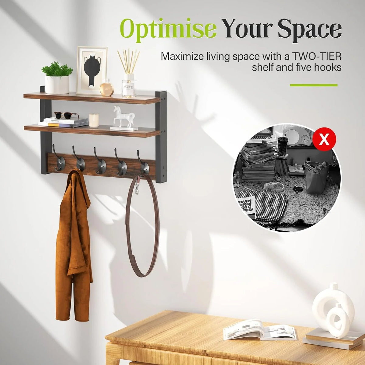 Wall-Mounted Shelf Living Room Decorative Display Rack with Hooks