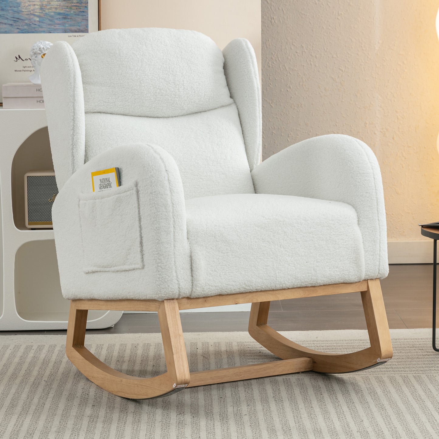Ivory Teddy Fabric Rocking Chair with Wooden Legs
