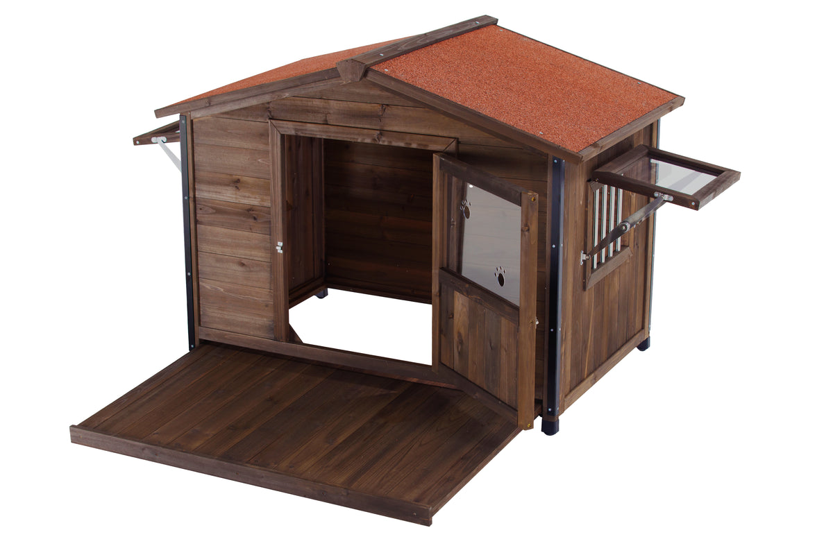 Outdoor Wooden Dog Kennel with Iron Frame and Waterproof Roof - Large