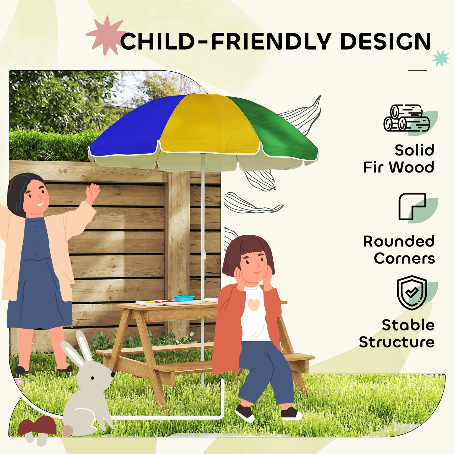 Kids Picnic Table with Removable Umbrella - Mixed Color