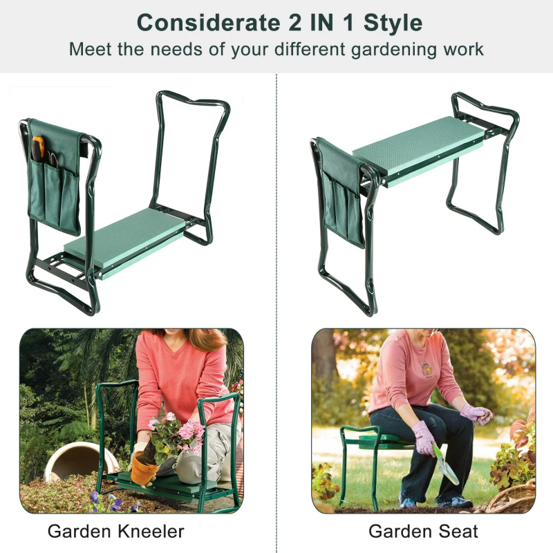 Foldable Garden Kneeler Seat with Cushions & Tool Pouch - Portable Gardening Tool