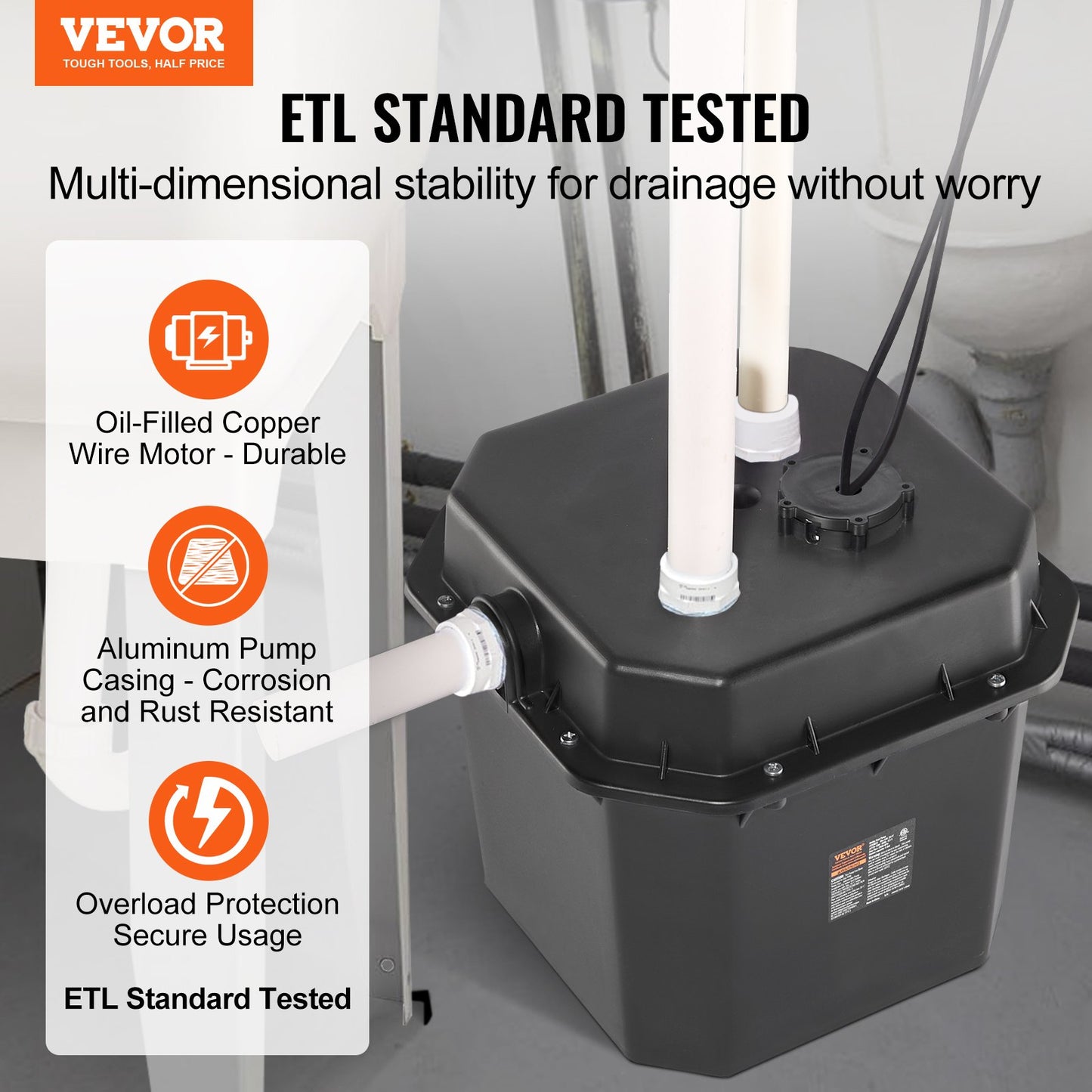 Black Utility Sink Pump 1/2 HP 3500 GPH Automatic Drain System