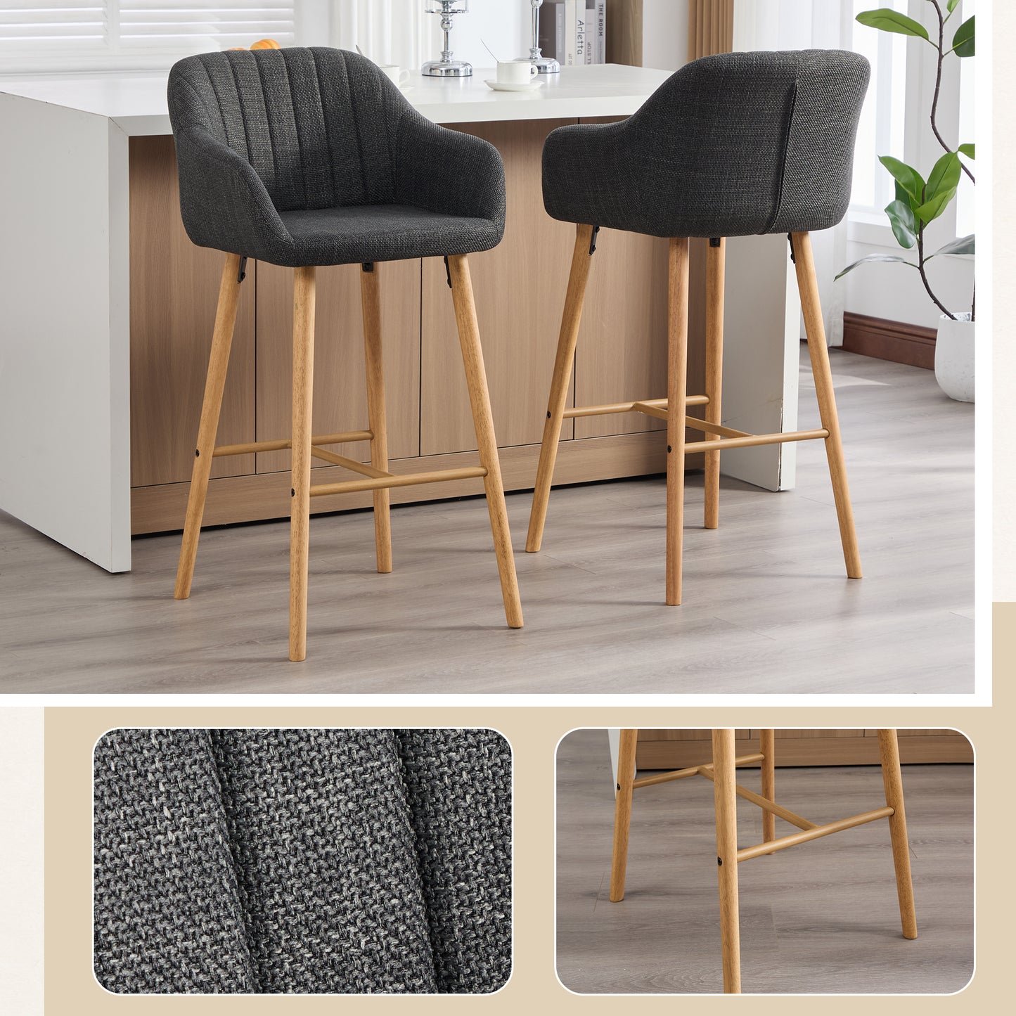 Modern Bar Stools Set of 2 - Kitchen Island Tall Chairs with Back and Footrest - Black Linen Upholstered