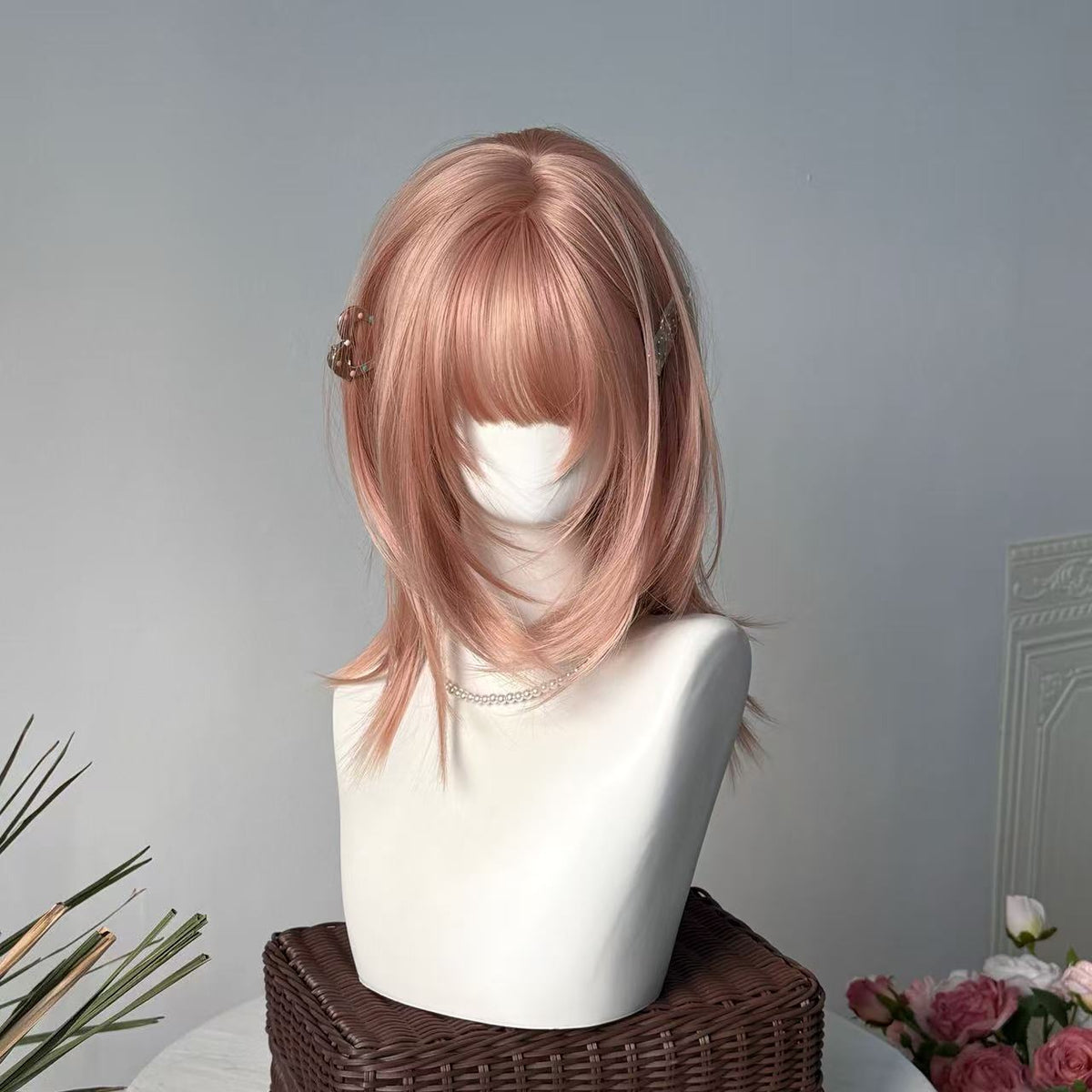 Summer Mullet Short Hair Wig with Fog Pink Color and Hair Net or Care Set