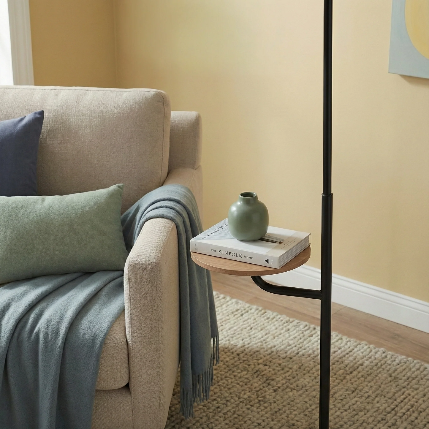Seoul Black Floor Lamp With Rotary Switch Wood Table Metal Base