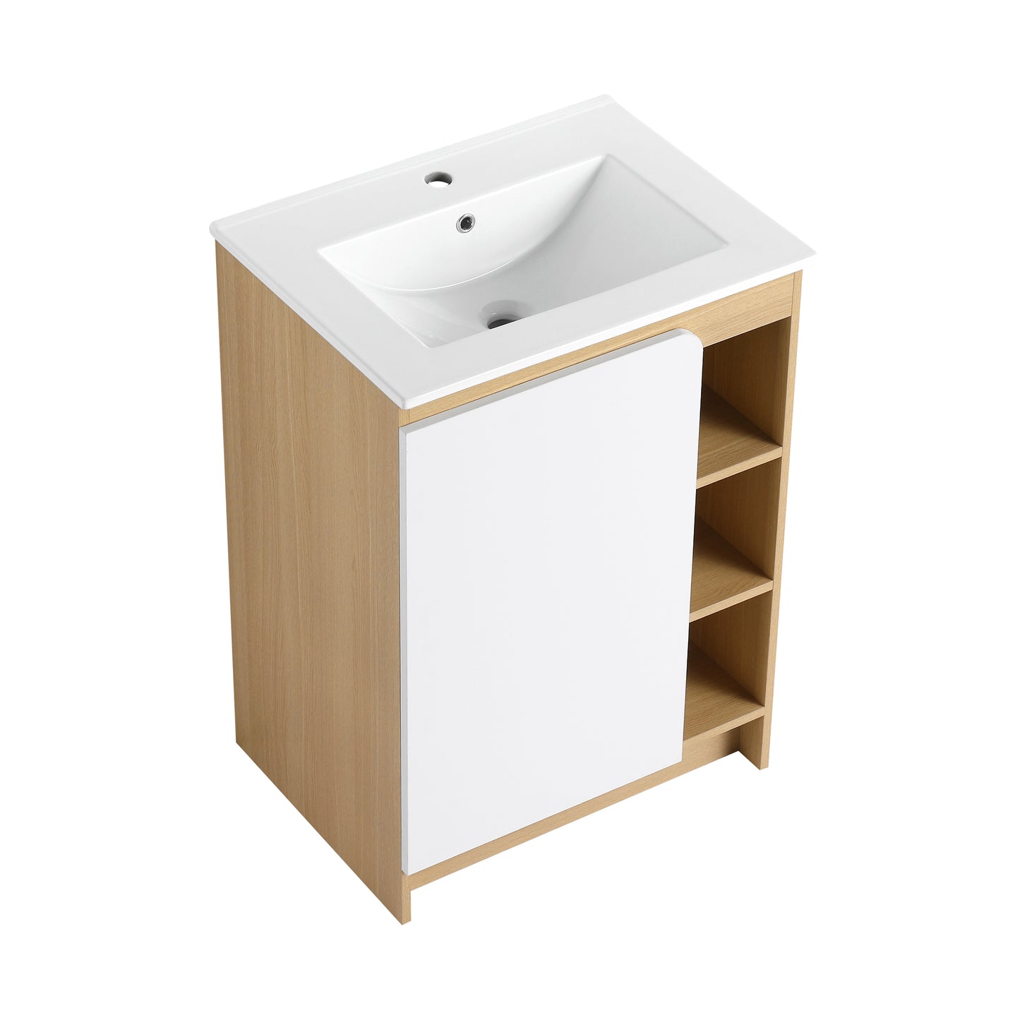 24" Light Oak Bathroom Vanity with Ceramic Sink & Open Shelves