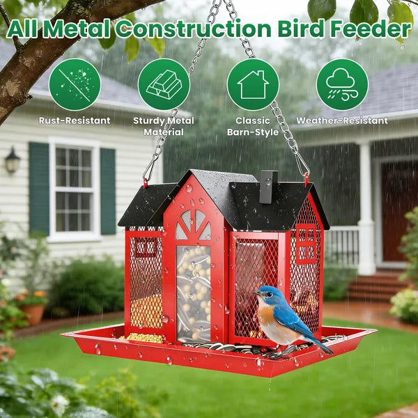 Metal Hanging Bird Feeder House - Classic Barn Design, Red & White, 15.75in Outdoor Garden Decor
